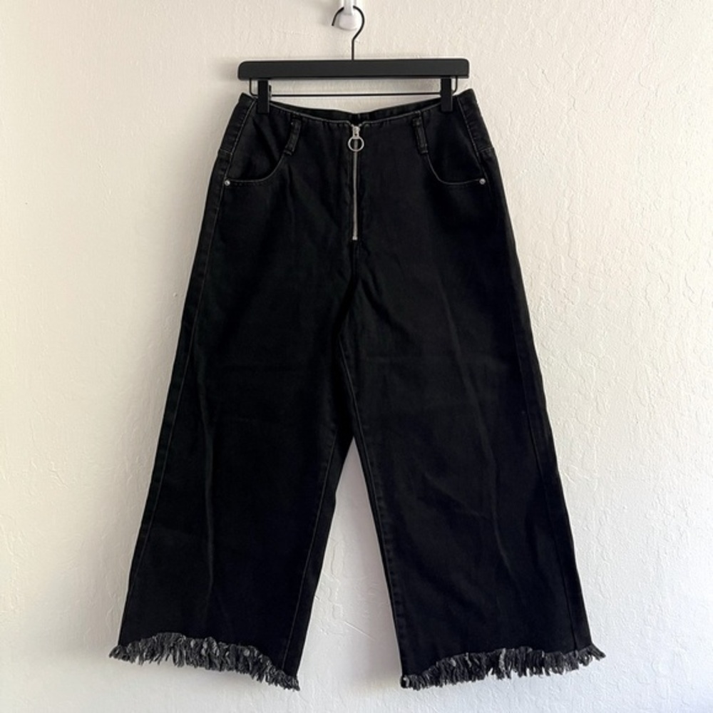 y2k Zara Black Wide Leg Raw Hem High Rise Cropped Jeans Women's Size 6 Gorpcore